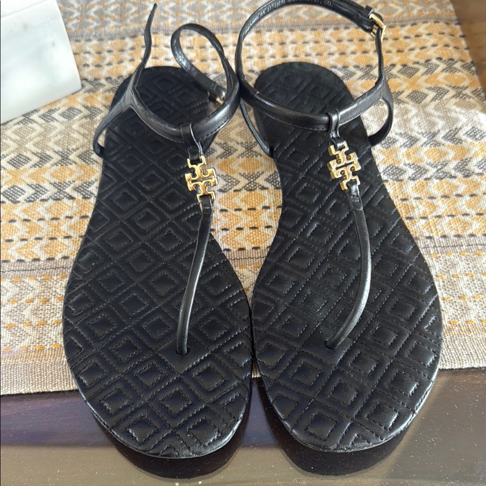 Tory Burch Black Sandals with Gold Emblem